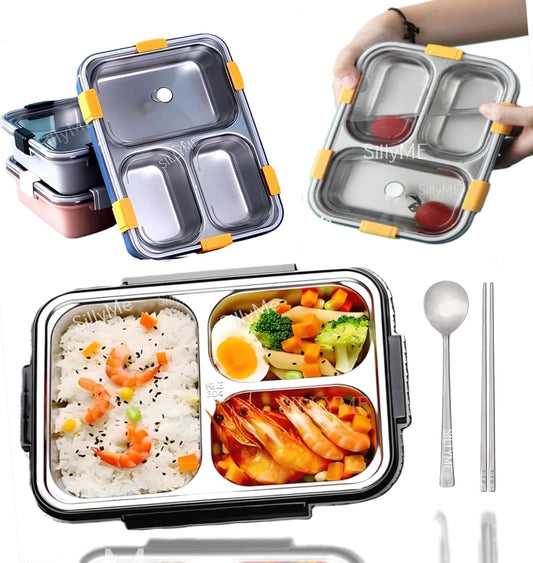3 Compartment Lunch box with Steel spoon & chopsticks (pack of 1)